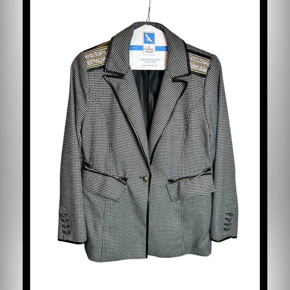 Sam Edelman Embellished Military Style Black White Houndstooth Blazer Size L - Picture 2 of 8
